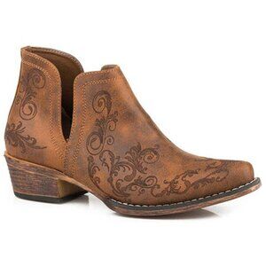 Roper Ava Brown Western Ankle Boots Scroll Design Snip Toe Size 6